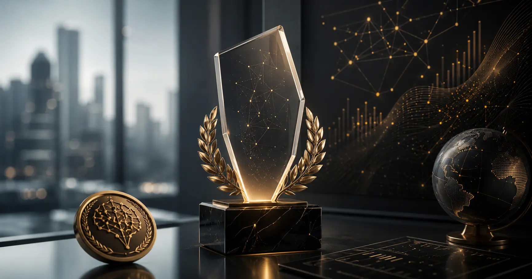Premium AI award display with trophy, medal, digital network visuals, and enterprise technology atmosphere