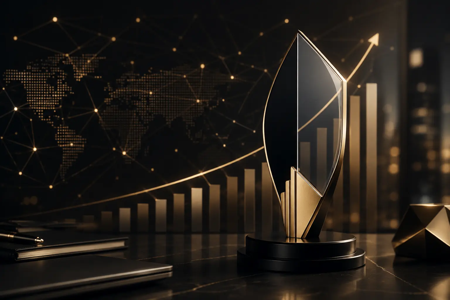 AI Award Recognition and Business Growth Enterprise AI recognition scene with award display, upward business growth visuals, digital networks, and gold lighting