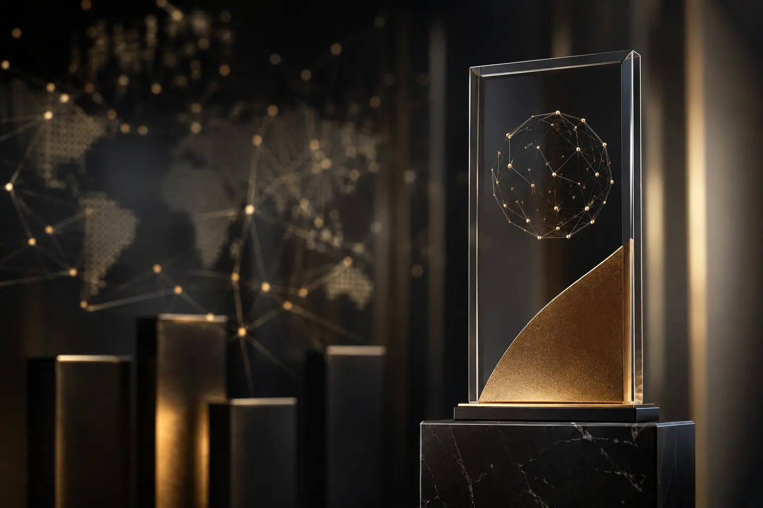 AI Award Recognition and Business Credibility Premium AI award plaque with digital network visuals representing business credibility and industry recognition
