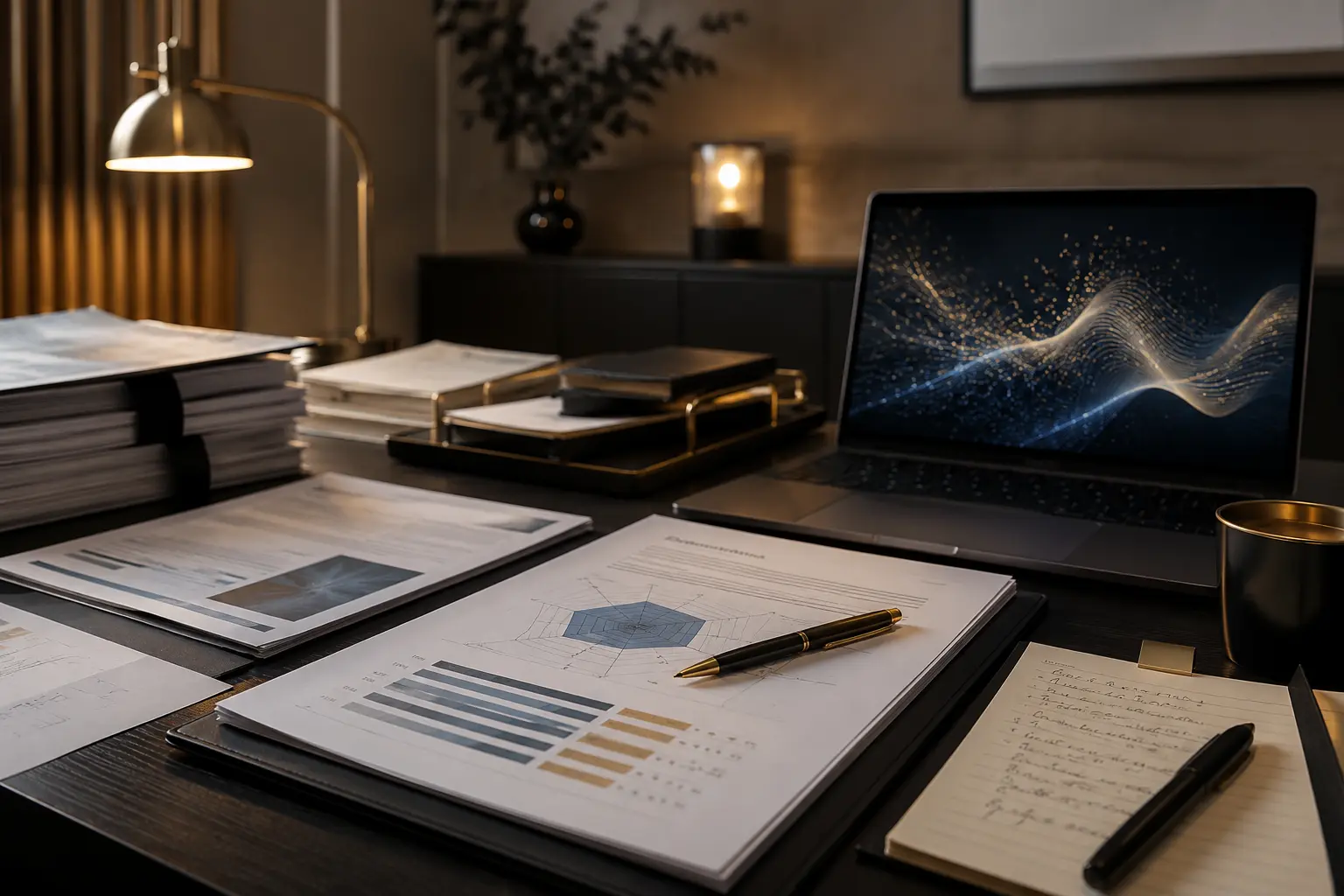 Enterprise AI Awards Evaluation Workspace Enterprise AI awards evaluation workspace with submission documents, scoring sheets, laptop analytics, and review notes