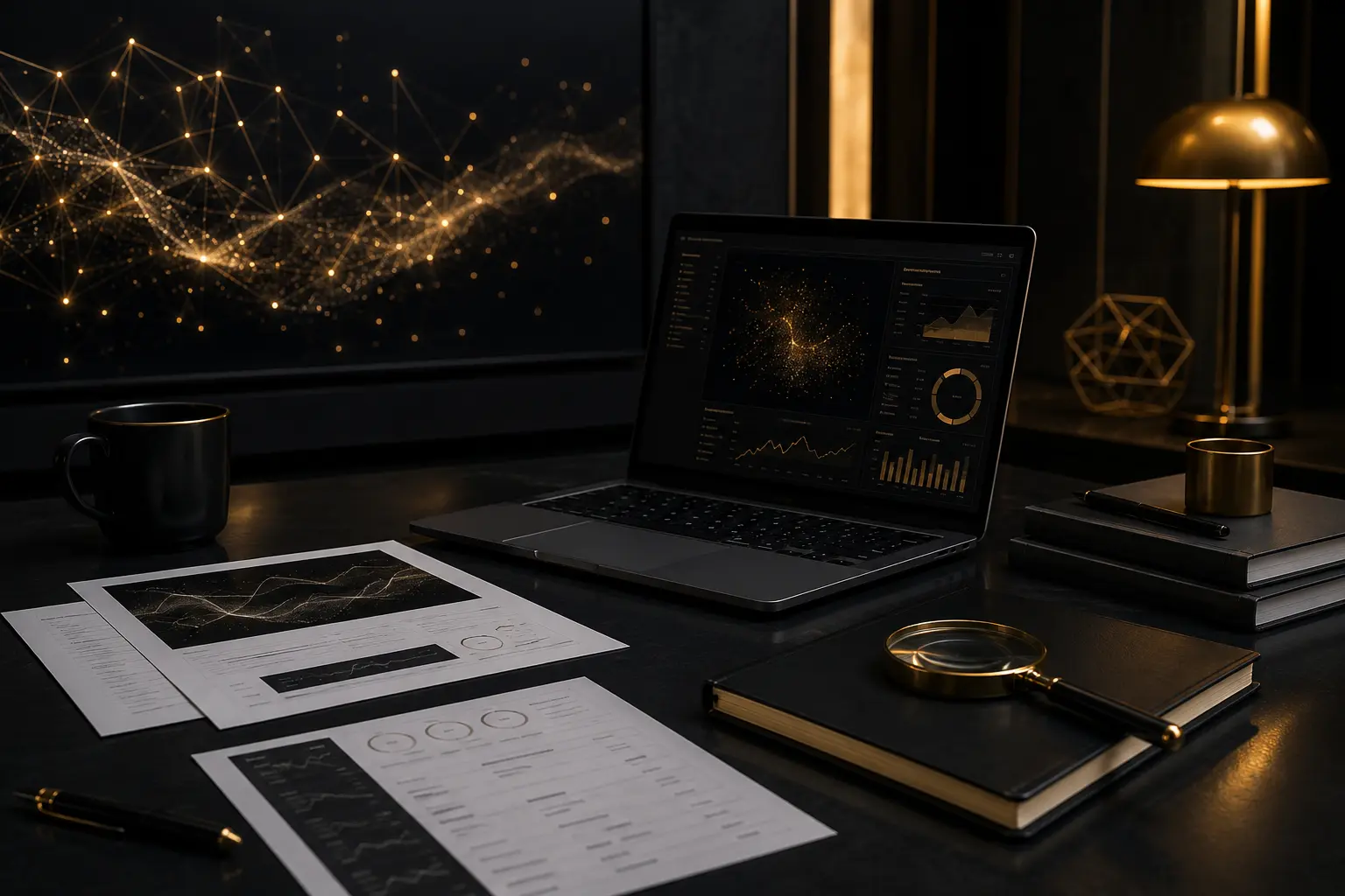 Enterprise AI Awards Evaluation Workspace Enterprise AI awards evaluation workspace with laptop, review notes, scoring sheets, and abstract AI network graphics