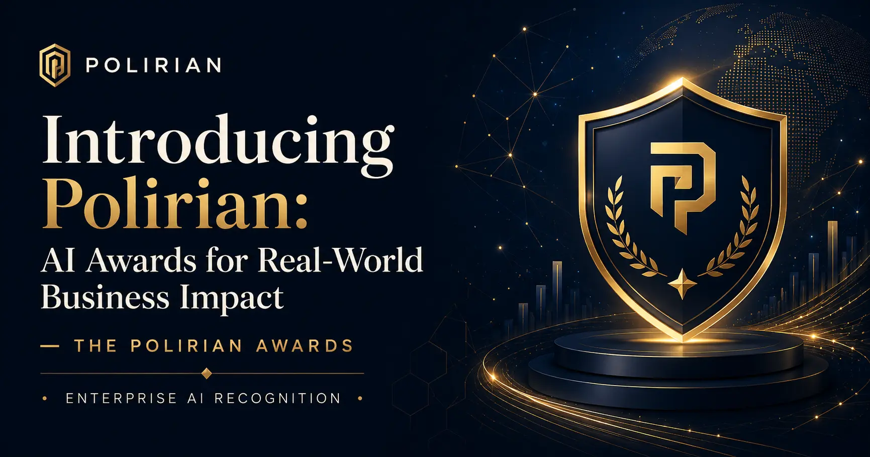 Introducing Polirian AI Awards for Real-World Business Impact featured image with gold award shield, enterprise AI network graphics, and premium Polirian branding