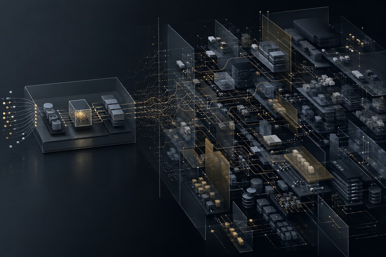 AI Pilot Conditions Versus Production Reality A controlled AI pilot contrasted with the interconnected systems and operational complexity of enterprise production