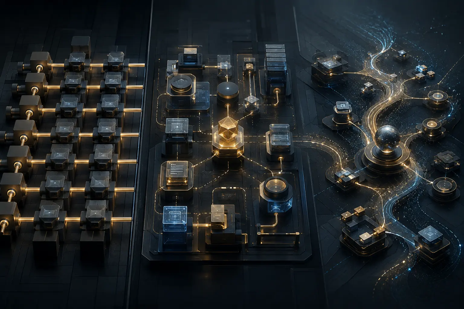 Enterprise automation progressing from fixed RPA rules through intelligent workflow coordination to adaptive AI agent actions